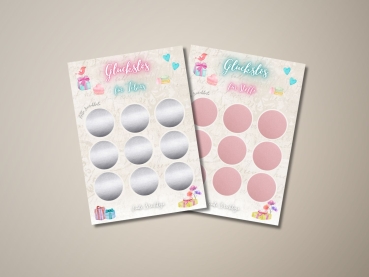 Zwei personalisierte Rubbellos-Karten mit neun Rubbelkreisen – Variante in Silber und Roségold, romantisches Geschenk für Paare